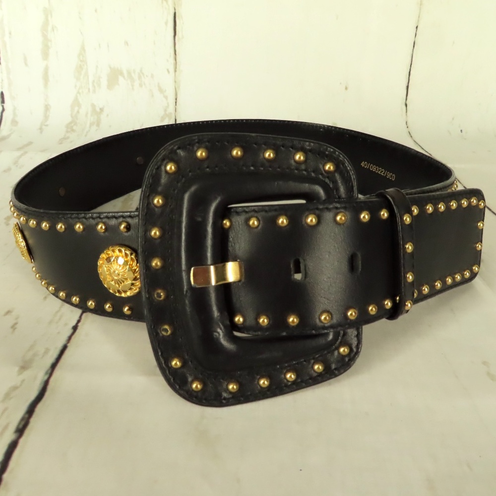 Vintage Escada Black Leather Belt Gold Studs L
